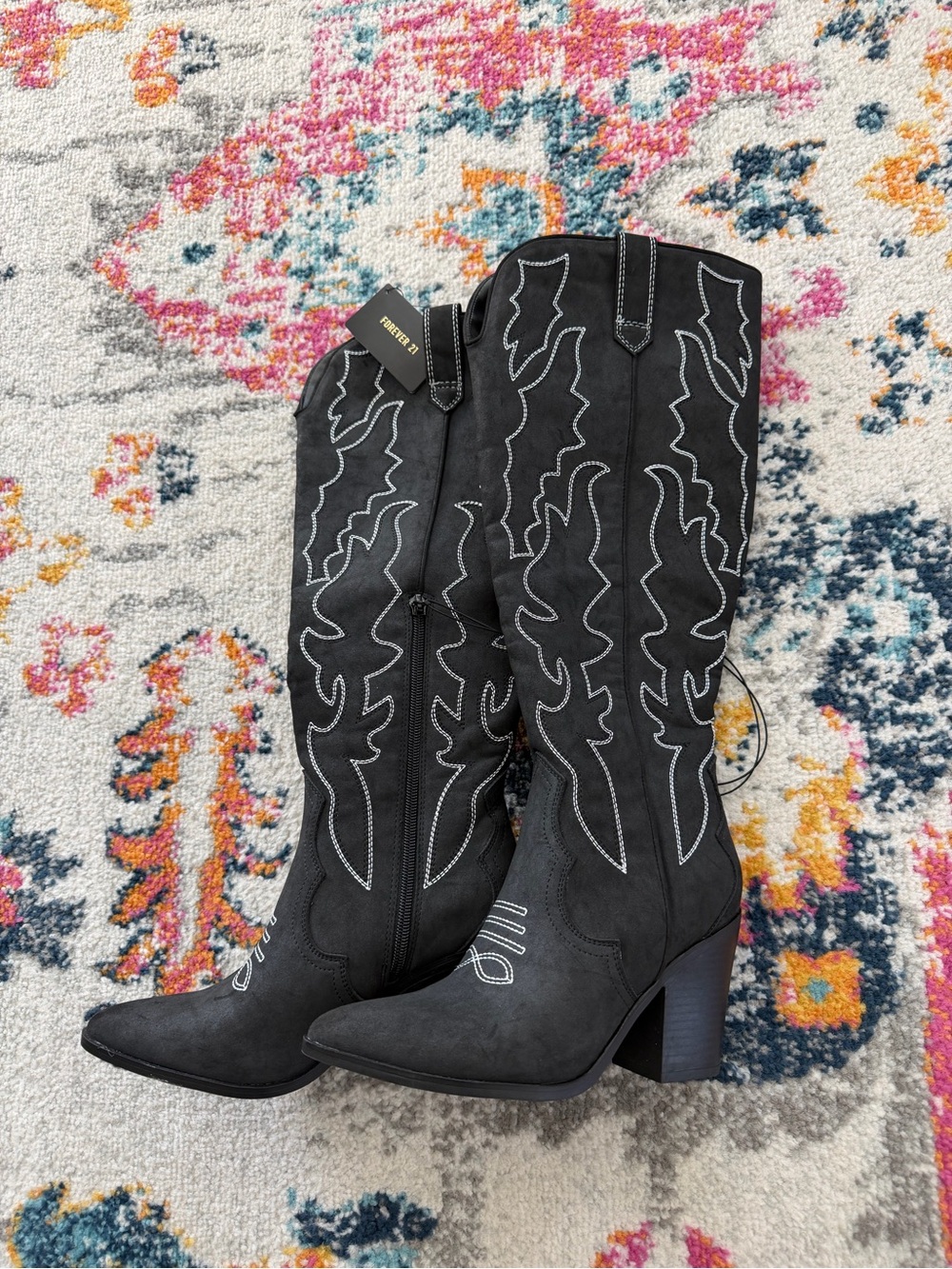 Forever 21 NWT Black Western Knee High Boots White Stitching Cowboy Block Heel